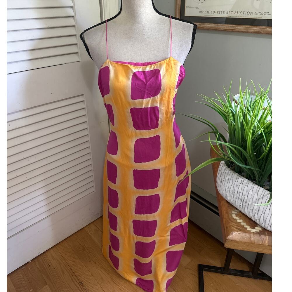 Anthropologie Ollari Slip Dress Medium Yellow Pink Myra Geometric Artsy Resort